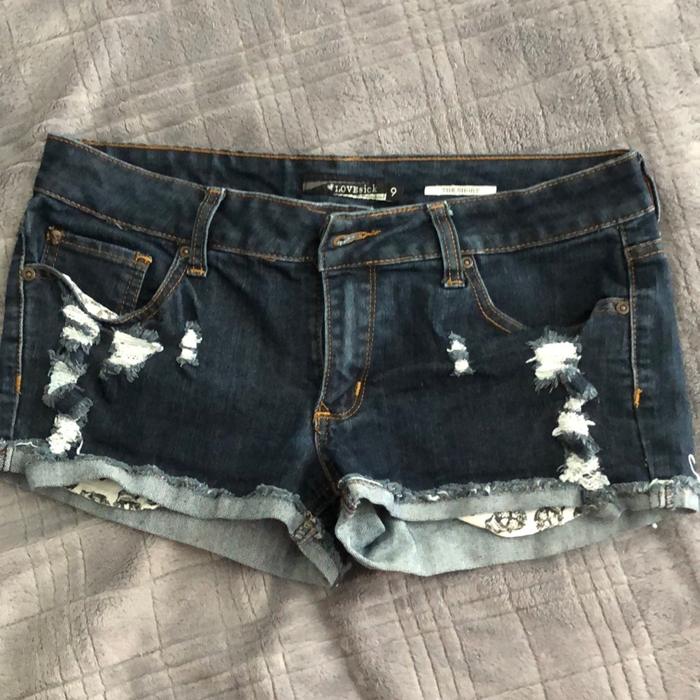 Lovesick dark wash ripped jean shorts